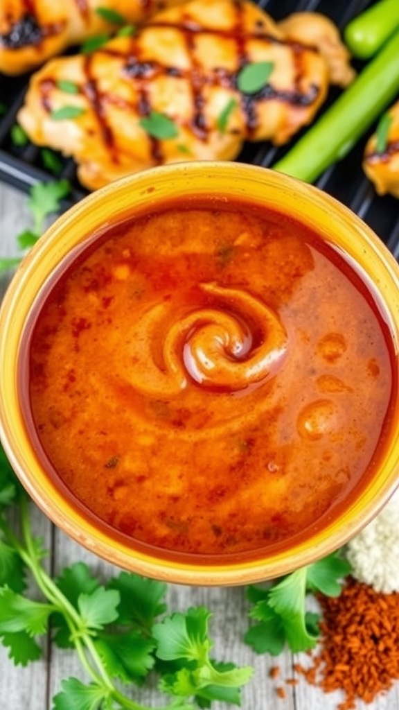 A bowl of BBQ ranch marinade next to grilled chicken and vegetables.